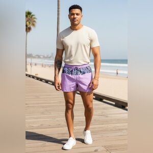 ASOS DESIGN Mens swim shorts with pattern print in purple acid wash